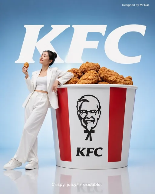 Minimalist commercial ad featuring oversized KFC bucket, ultra-clean design. A young woman in all-white outfit leans cas