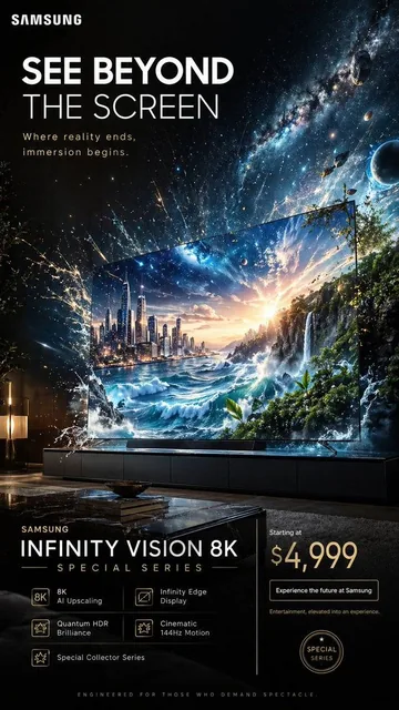 Create a spectacular 9:16 vertical advertising poster for a fictional premium television called "SAMSUNG INFINITY VISION