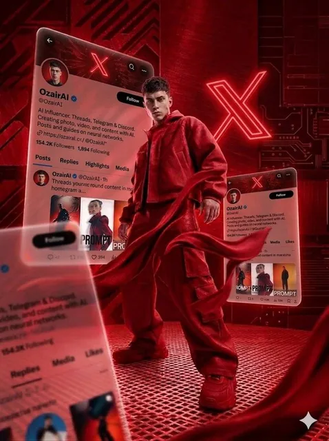A cinematic, high-energy digital art piece in a monochromatic crimson red color palette. Centered is a young male model