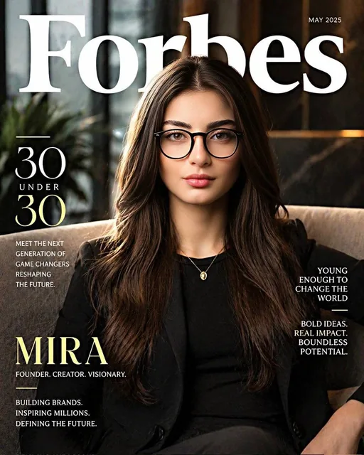 Create a hyper-realistic Forbes “30 Under 30” magazine-style portrait of the same woman from the reference image (preser