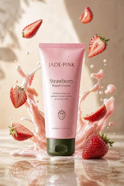 A sleek jade-pink tube labeled "Strawberry Repair Cream" upright on glossy marble, surrounded by creamy Strawberry splas