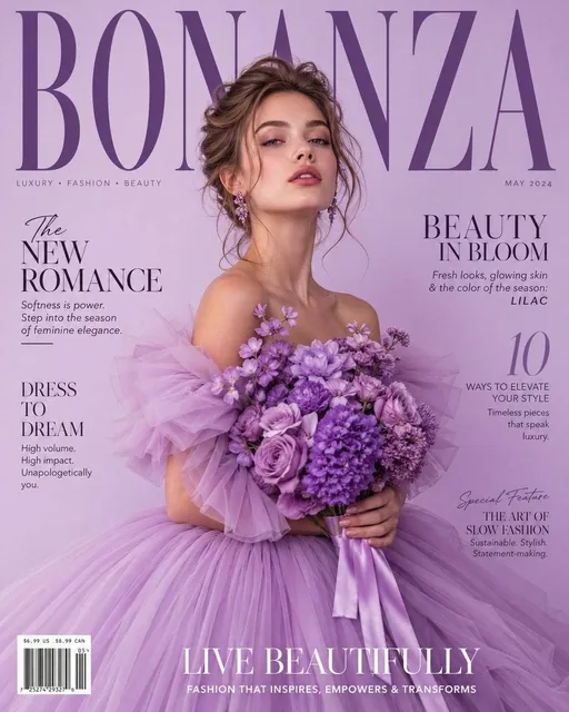 A luxury high-fashion magazine cover in a soft light purple (lavender) gradient background. A beautiful young white fema
