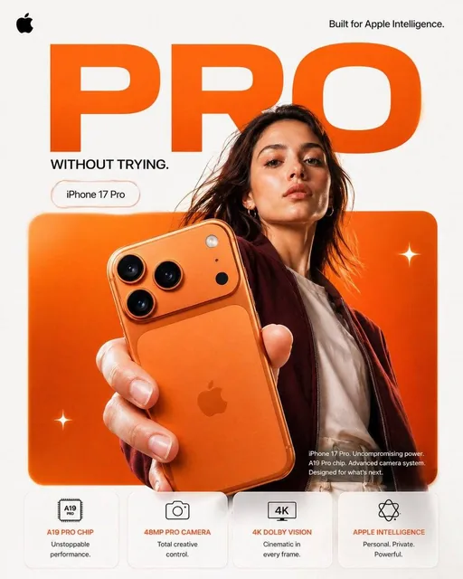 iPhone 17 Pro in Titanium Orange held by a confident female model against a matte white background with a burnt orange gradient and giant 'PRO' typography.
