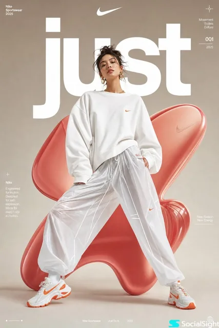High-fashion futuristic sportswear editorial poster, full-body female model in dynamic wide-leg stance, oversized white