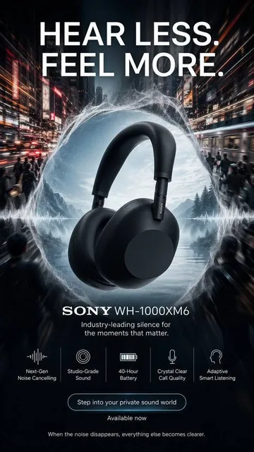 Create a high-end 9:16 vertical advertising poster for "SONY WH-1000XM6". The creative concept is "silence in a world of
