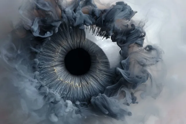 A [subject] emerges from swirling liquid plumes suspended in milky water, shaped by flowing ink diffusion and abstract o