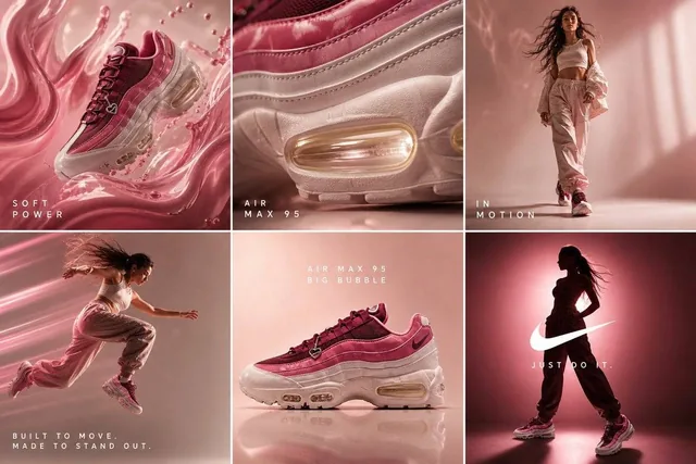 cinematic 6-frame grid (3x2), ultra-premium campaign for Nike Air Max 95 “Big Bubble” in deep berry pink + glossy rose t