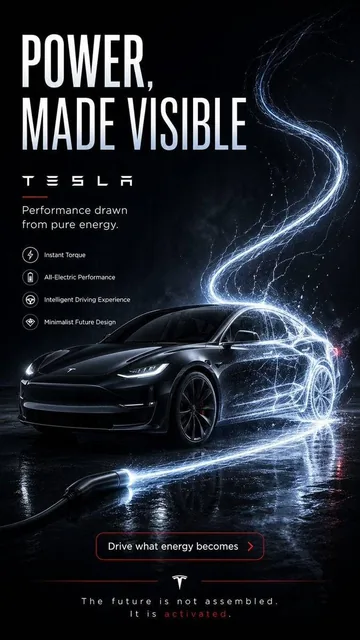 Create a brilliant 9:16 vertical advertising poster for Tesla. The concept must be futuristic, minimal, and visually int