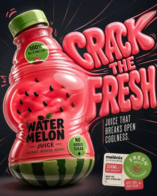 Design a '4:5' product poster for an 'orange' juice 3d bottle using playful inflatable-plastic packaging surrealism wher