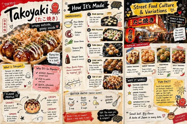 Create a vibrant, colorful 3-page zine-style infographic about a trendy international street food: “Takoyaki – Japanese