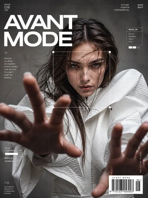 Ultra-realistic fashion editorial portrait of a confident woman in avant-garde white couture with dramatic structured sh