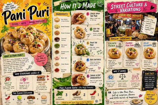 Create a vibrant, colorful 3-page zine-style infographic about a trendy Indian street food: “Pani Puri (Golgappa)”.