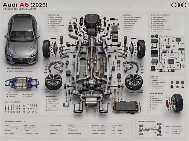 Create an ultra-high fidelity exploded technical diagram of a 2026 Audi A6, presented as a premium engineering poster. A