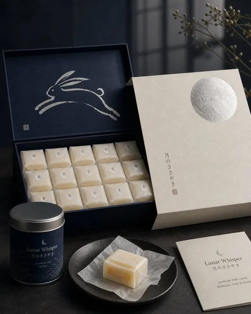 Premium Japanese confectionery packaging concept, “Lunar Whisper” / 月のささやき, inspired by moon rabbit folklore and refined
