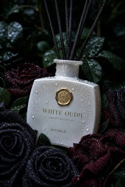 Ultra-realistic luxury product photography of a white creamy glass reed diffuser bottle labeled “WHITE OUDH – Private Co