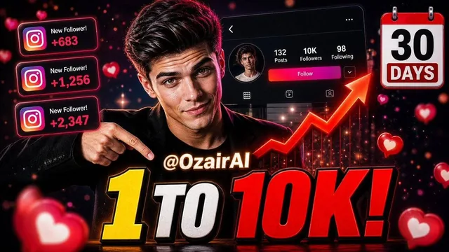 A highly detailed YouTube thumbnail with a dark navy/black cinematic background filled with floating red glowing heart i