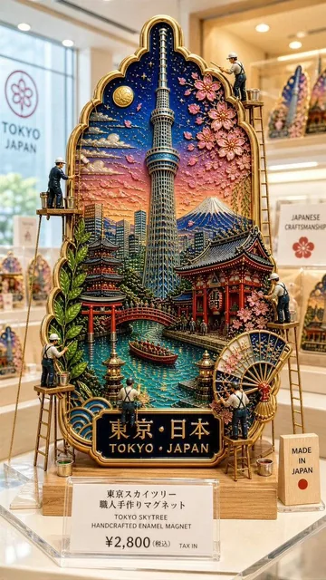 Ultra-premium cloisonné enamel collectible fridge magnet displayed inside a bright, high-end store window, vertical 9:16