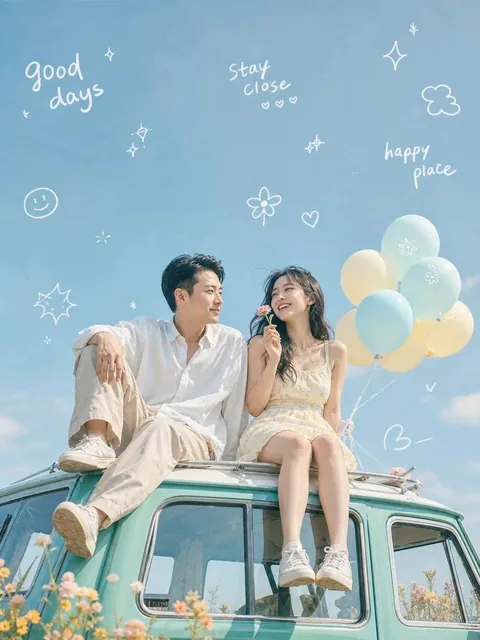 An ultra-realistic cinematic dreamy lifestyle photo of a young woman sitting alone on top of a vintage turquoise van in
