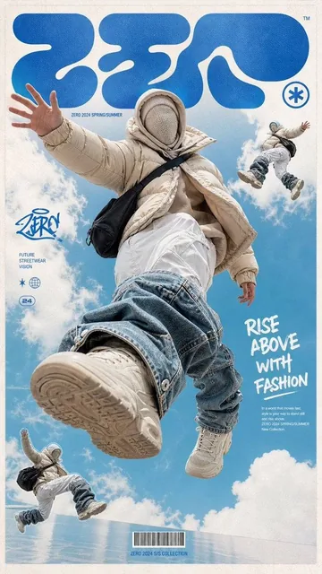 一张高端潮流街头服装海报，画面主体是一位无脸的未来感模特漂浮跳跃在天空中，穿着超大号米色羽绒服、层叠兜帽和针织面罩，面部被完全遮住；下身穿白色宽松工装裤，裤腿外叠加夸张的浅蓝与深蓝堆叠牛仔护腿，脚穿米色运动鞋，背着黑色单肩包。