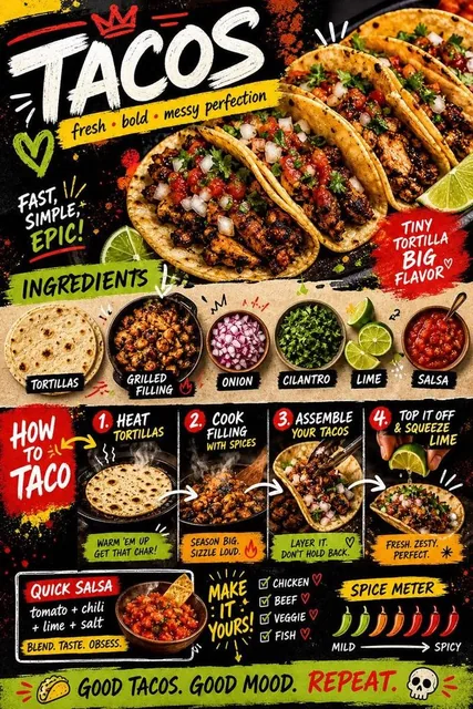 Create a bold, vibrant, street-style recipe card for “Tacos” designed for social media virality.
