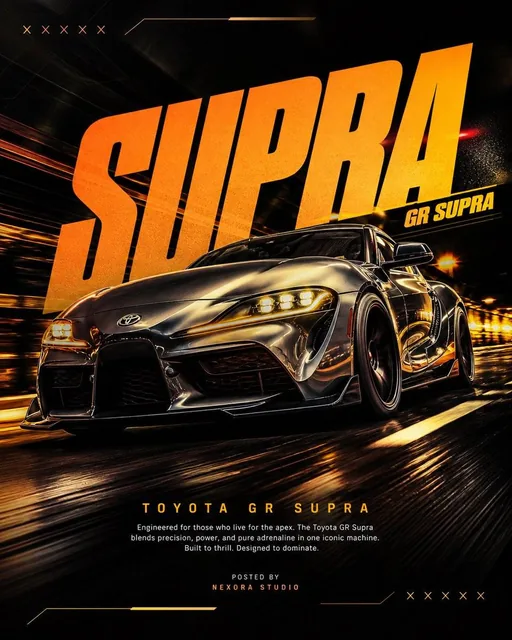 A Supra car poster with an extreme low-angle front 3/4 perspective, tilted and moving forward, dominating the frame with glowing headlights and motion blur on wheels against a dark