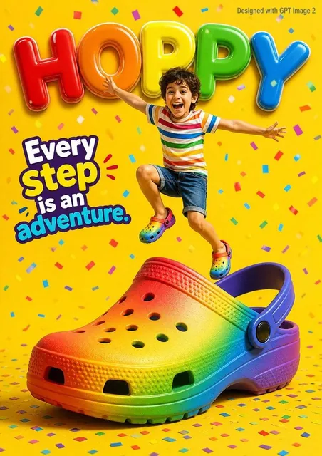 A vibrant children’s shoe advertisement poster featuring a joyful 7-year-old boy jumping energetically on top of a giant