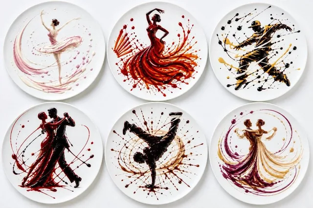 Six round white plates, each with a different dance form expressed through sauce choreography. [Randomly select: ballet,