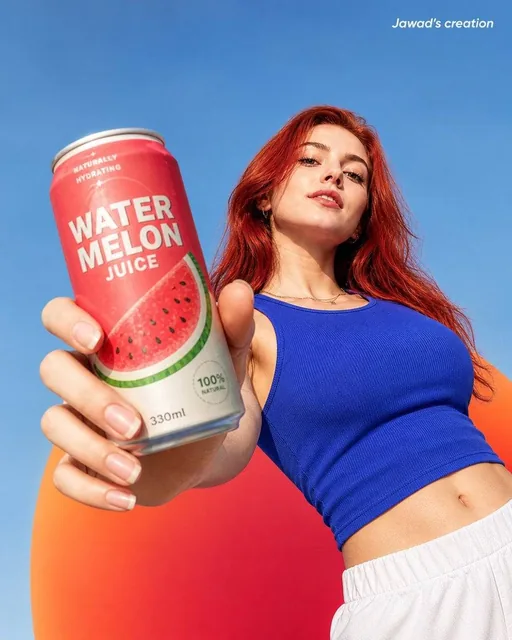 A highly realistic low-angle shot of a confident young woman with long, vibrant red hair, holding a watermelon juice can