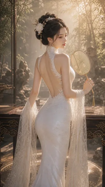 一位成年东方古典美人，9:16 竖版构图，侧身偏背面的人像构图，人物站在画面中央偏左位置，为绝对视觉中心。她微微侧身回眸低首，神情安静温柔，带有含蓄、柔美、优雅的东方气质。她拥有精致立体的五官，白皙细腻的肌肤，鼻梁秀挺，红唇柔润，睫毛纤长，