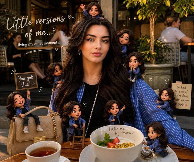Mini “chibi 3D” versions of the same person appear around the original photo — sitting, climbing, playing, interacting w