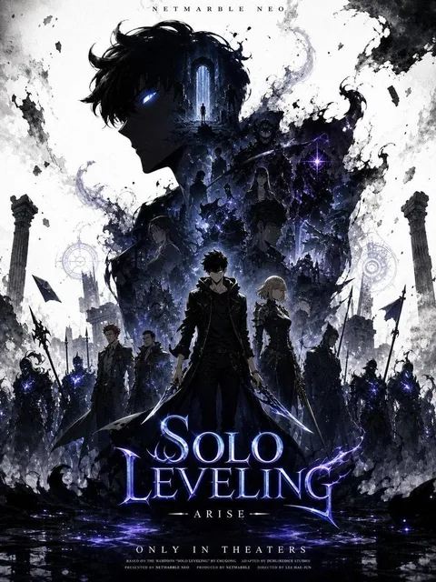 Create a promotional poster of a SOLO LEVELING-themed character with a vertical Facebook portrait post composition (4:5