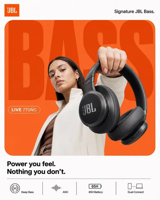 A minimalist 4:5 poster for JBL headphones. The background is pure white, with a dominant rounded orange color block. Giant, ultra-bold sans-serif text 'BASS' in a darker orange fi