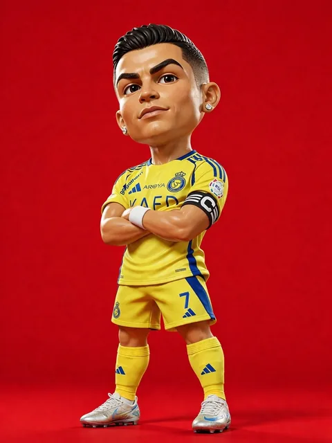 3D rendered caricature figurine of Cristiano Ronaldo, big head chibi style, wearing Al Nassr yellow and blue Adidas foot