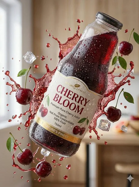 Create an ultra-realistic 3D commercial-style product shot of a premium cherry juice bottle, suspended mid-air with intr