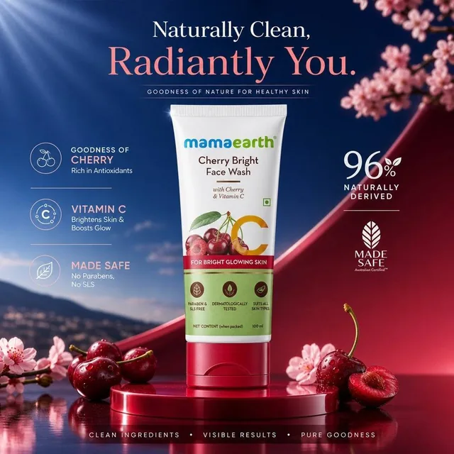Create a premium cosmetic social media poster design inspired by luxury skincare(mama Earth facewash) advertising. Use a