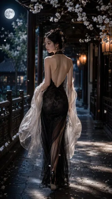 一位成年东方女性，9:16 竖版构图，写实风格，全身偏背面人像，人物行走在一条古典中式回廊之中，画面从后方略低机位捕捉她的身影，人物为绝对视觉中心。她微微回首，露出精致柔和的侧脸与安静迷人的神情，整体气质清冷、优雅、神秘而极具女性魅力。