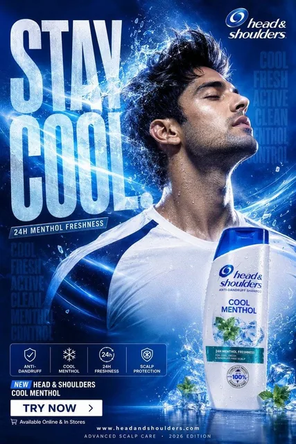 Dynamic athletic male model experiencing a cooling rush from Head & Shoulders Cool Menthol shampoo, with icy blue graphics, frozen mist, and product hero shot.