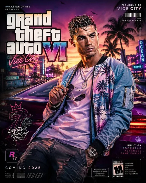 Create a highly detailed 8K portrait poster inspired by the iconic visual style of the modern Grand Theft Auto VI promot