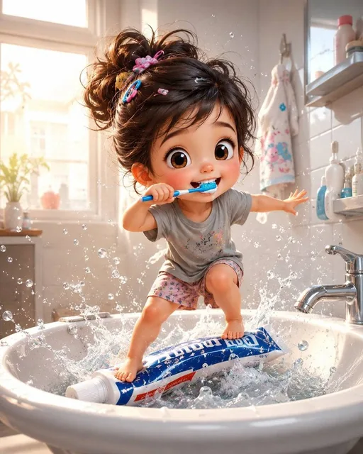 A whimsical, ultra-detailed 3D illustration of a cute toddler girl with an oversized head and big expressive eyes, stand