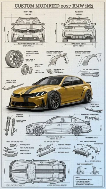 Highly detailed technical blueprint sketch and realistic 3D–render fusion of a custom modified car 2027 BMW iM3.