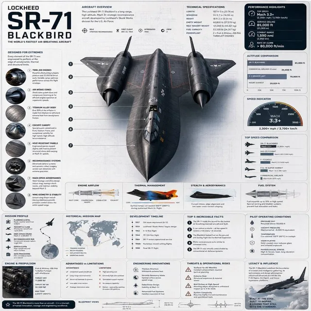 Create a premium square “reference-style aviation infographic” centered around the legendary Lockheed SR-71 Blackbird, d