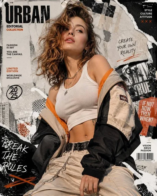 Create a high-resolution 8K portrait poster in an Urban Fashion Editorial Collage style, blending contemporary street-fa