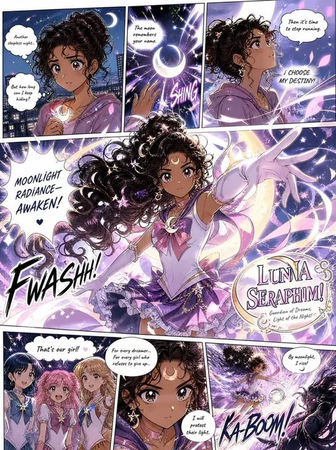 Create a full-page colored magical-girl manga illustration inspired by Sailor Moon aesthetics, based on the person in th
