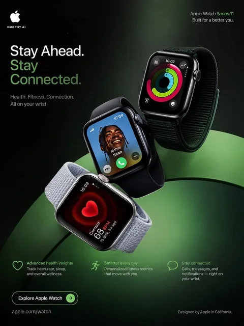 Ultra-premium 4:5 vertical luxury campaign poster for Apple Watch Series 11, 8K cinematic product photography, Apple-gra