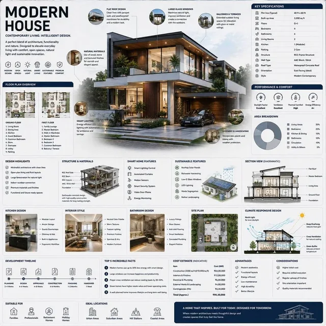Create a premium square “reference-style architectural infographic” centered around a luxurious {HOUSE_STYLE} modern hou