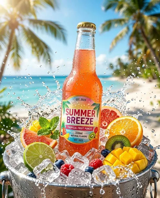 A refreshing cold drink bottle placed on wet ice cubes, surrounded by water splashes, fresh fruit slices, condensation d