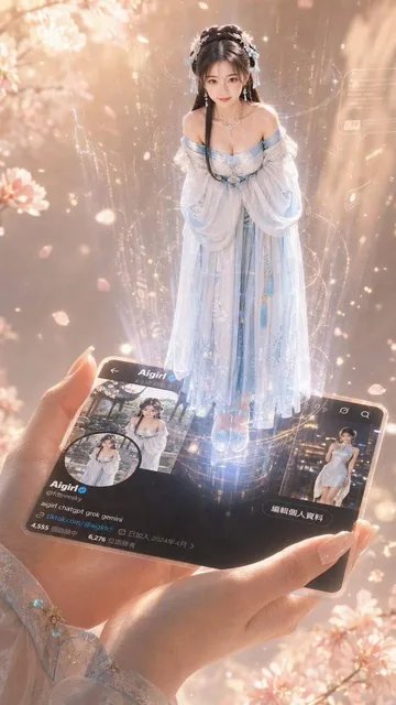 一只纤细优雅的手轻轻握着一张高度详细的X个人资料卡圖2，资料卡平放着，从资料卡表面浮现出一个全身站立的美丽少女圖1全息3D投影，全息影像實體化，周围环绕着漂浮的数字粒子和光线，背景是温暖的米色与柔和粉彩美学，充满电影般的柔光与金色光晕，超高