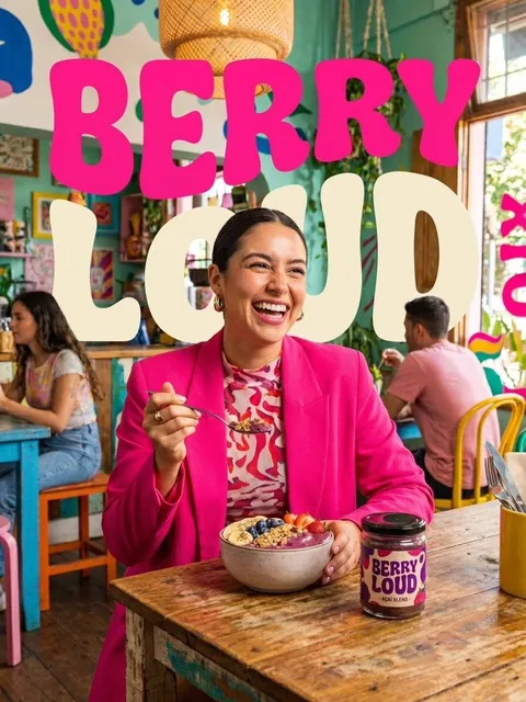 Vibrant lifestyle food advertisement, smiling woman in a bright hot pink blazer sitting inside a colorful trendy café, h