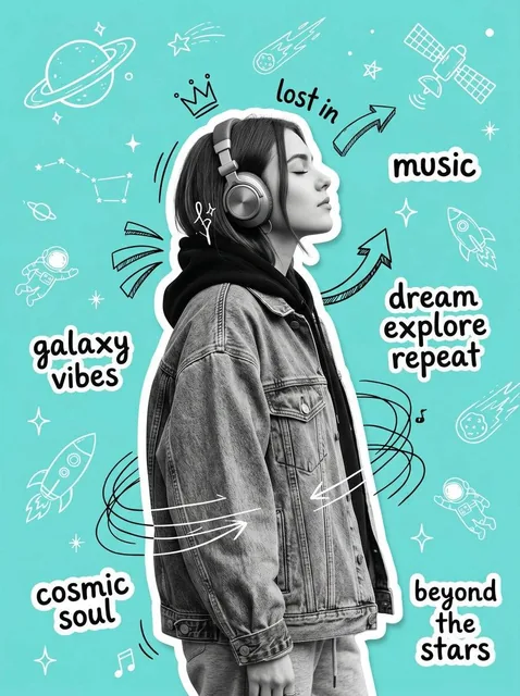 Create an original Y2K-inspired scrapbook collage poster featuring a stylish young woman in side profile wearing large w
