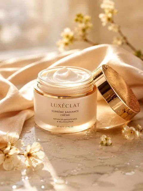 A premium skincare cream jar placed on a smooth marble surface, surrounded by soft beige silk fabric, fresh water drople